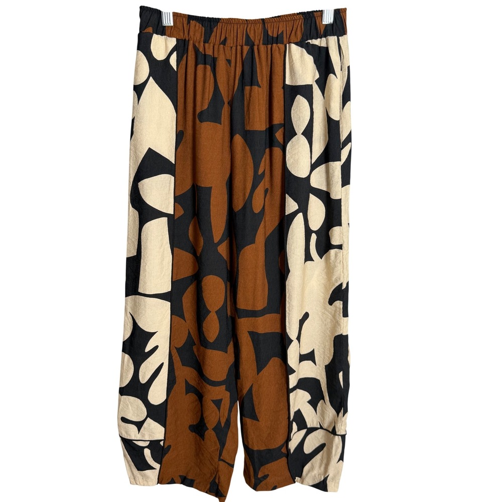 IC Collection Abstract Print Wide Leg Pants Womens XS Brown Black Lagenlook